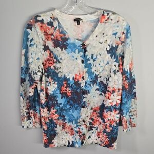 Talbots Sweater women's Size Large Floral Button-Down Cardigan Blue White Coral